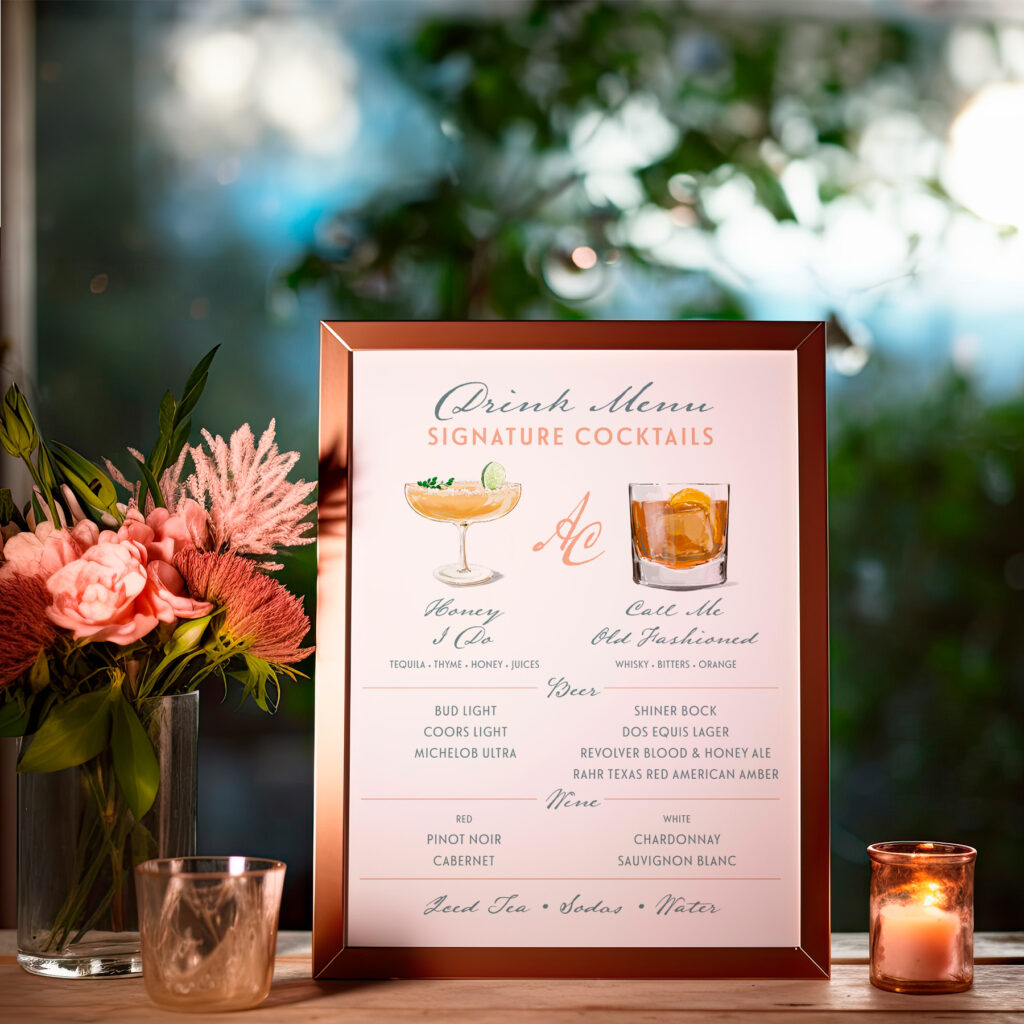 Illustrated Cocktail Wedding Bar Menu at event